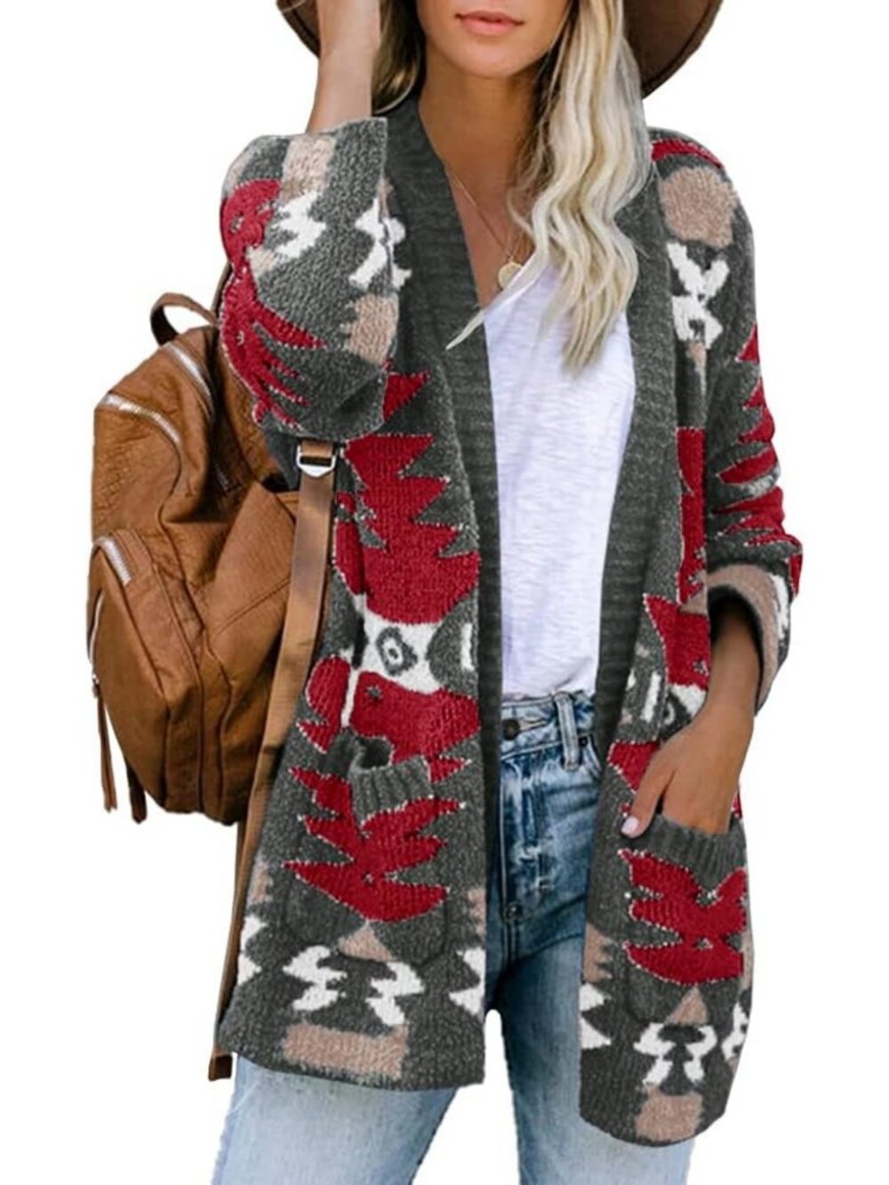 Boho Aztec Open Front Cardigan | Loose Slouchy Sweater | Tribal Long Sleeve Coat